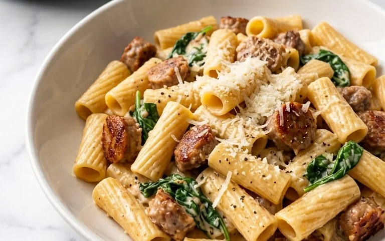 Rigatoni Saucisse Crémeux : Min, Poêle